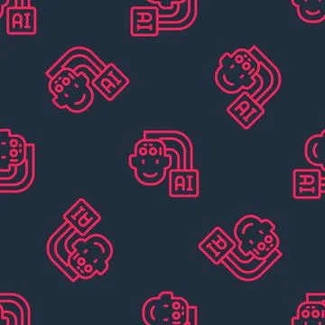 Red line Humanoid robot icon isolated seamless pattern on black background Illustrazione stock