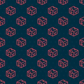 Red line Isometric cube icon isolated seamless pattern on black background. G Illustrazione stock