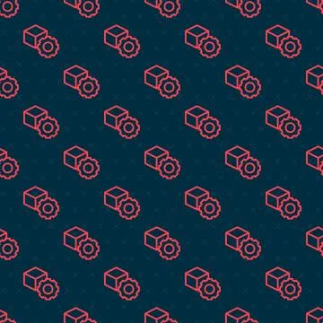 Red line Isometric cube icon isolated seamless pattern on black background. G Stock Illustration