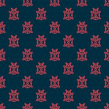 Red line Ladybug icon isolated seamless pattern on black background. Vector Stock Illustration