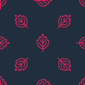 Red line Leaf icon isolated seamless pattern on black background. Leaves sign 스톡 일러스트