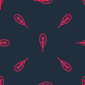 Red line Leaf icon isolated seamless pattern on black background. Leaves sign Stock Illustration