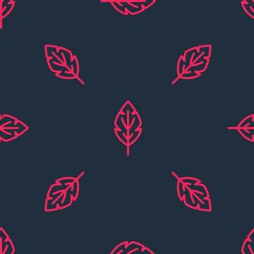 Red line Leaf icon isolated seamless pattern on black background. Leaves sign Stock Illustration