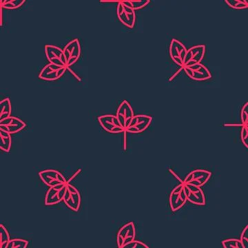 Red line Leaf icon isolated seamless pattern on black background. Leaves sign Stock Illustration