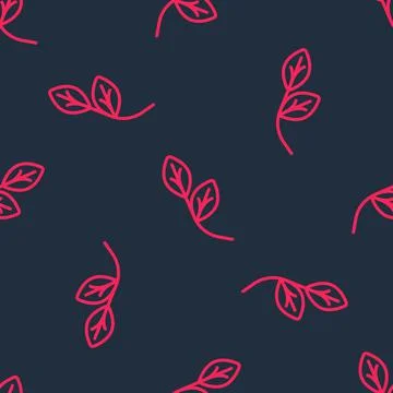 Red line Leaf icon isolated seamless pattern on black background. Leaves sign Stock Illustration
