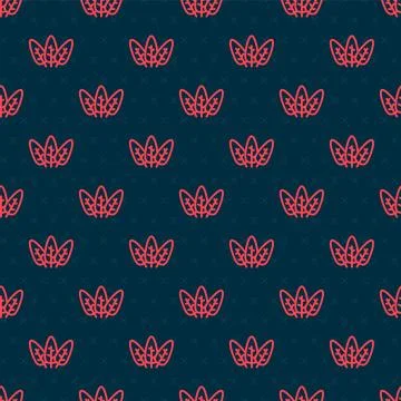 Red line Leaf icon isolated seamless pattern on black background. Leaves sign 스톡 일러스트