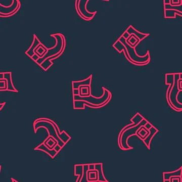 Red line Leprechaun boot icon isolated seamless pattern on black background Stock Illustration