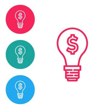 Red line Light bulb with dollar symbol icon isolated on white background. Money Stock Illustration