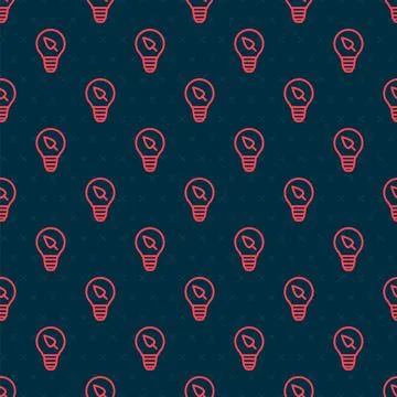 Red line Light bulb with leaf icon isolated seamless pattern on black background Stock Illustration