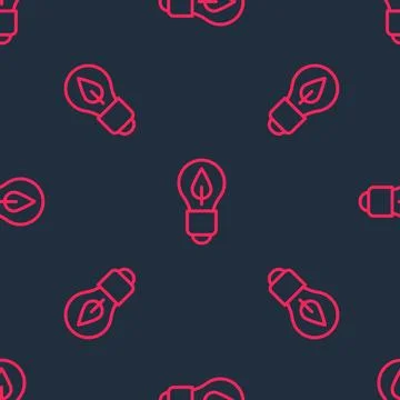 Red line Light bulb with leaf icon isolated seamless pattern on black background イラスト素材