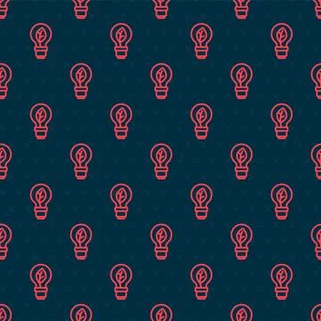 Red line Light bulb with leaf icon isolated seamless pattern on black backg.. Stockillustratie