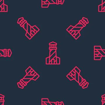 Red line Lighthouse icon isolated seamless pattern on black background. Vector Illustrazione stock