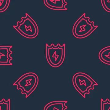 Red line Lightning and shield icon isolated seamless pattern on black background Stock Illustration