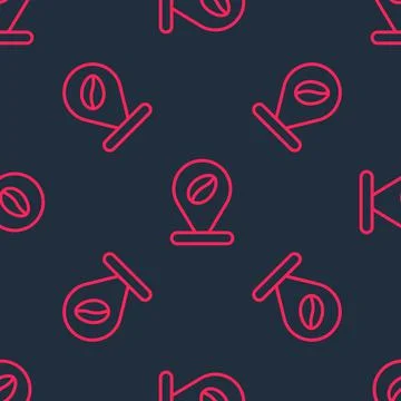Red line Location with coffee bean icon isolated seamless pattern on black Illustrazione stock