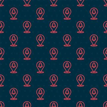 Red line Location of the forest on a map icon isolated seamless pattern on black Stock Illustration