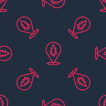 Red line Location of the forest on a map icon isolated seamless pattern on black Illustrazione stock