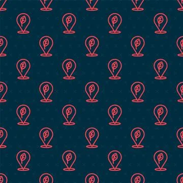 Red line Location with leaf icon isolated seamless pattern on black backgro.. Stock Illustration