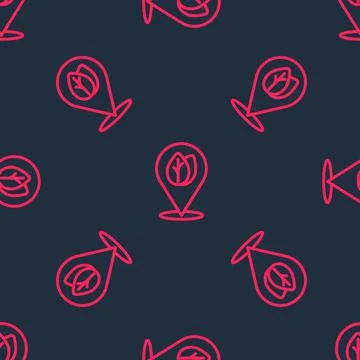 Red line Location pin with leaf inside icon isolated seamless pattern on blac Stock Illustration