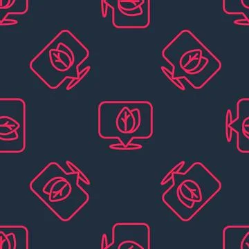 Red line Location pin with leaf inside icon isolated seamless pattern on black 스톡 일러스트