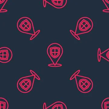 Red line Location shield icon isolated seamless pattern on black background Stock Illustration