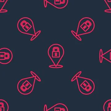 Red line Lock icon isolated seamless pattern on black background. Padlock sign Illustrazione stock