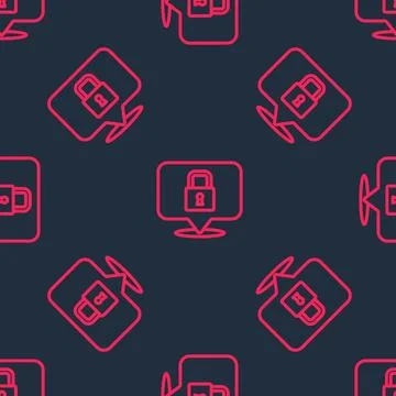 Red line Lock icon isolated seamless pattern on black background. Padlock sign Stock Illustration