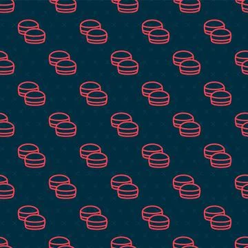 Red line Macaron cookie icon isolated seamless pattern on black background Stock Illustration