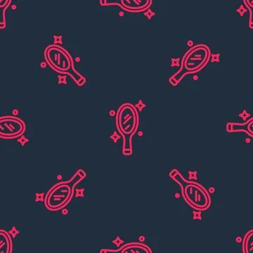Red line Magic hand mirror icon isolated seamless pattern on black backgrou.. Stock Illustration