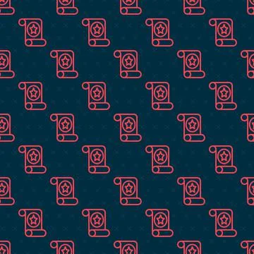 Red line Magic scroll icon isolated seamless pattern on black background. Decree Stock Illustration