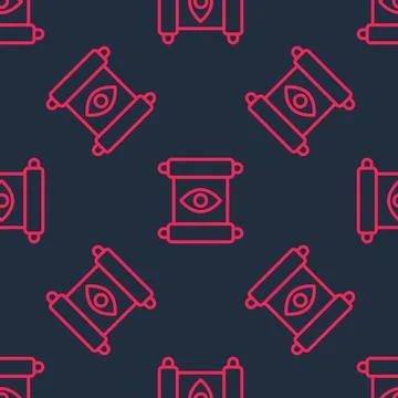 Red line Magic scroll icon isolated seamless pattern on black background. Dec Stock Illustration