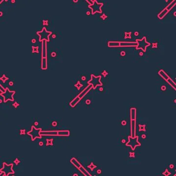 Red line Magic wand icon isolated seamless pattern on black background. Sta.. Stockillustratie
