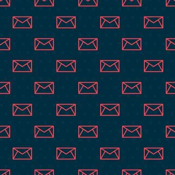 Red line Mail and e-mail icon isolated seamless pattern on black background Stock Illustration