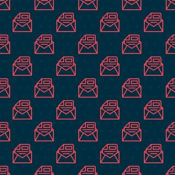 Red line Mail and e-mail icon isolated seamless pattern on black background Stock Illustration