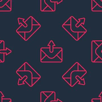 Red line Mail and e-mail icon isolated seamless pattern on black background Stock Illustration