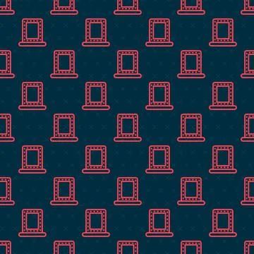 Red line Makeup mirror with lights icon isolated seamless pattern on black Stock Illustration