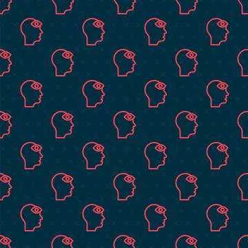Red line Man with third eye icon isolated seamless pattern on black background Stock Illustration