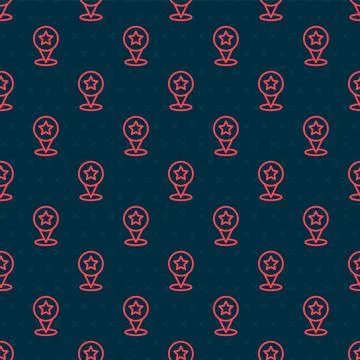 Red line Map pointer with star icon isolated seamless pattern on black Stockillustratie