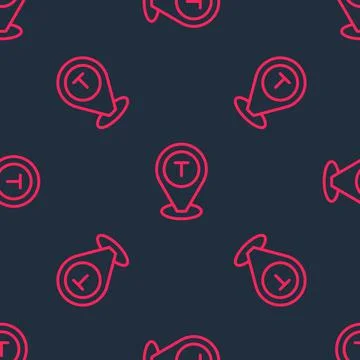 Red line Map pointer with taxi car icon isolated seamless pattern on black ba Illustrazione stock