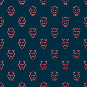 Red line Mask of the devil with horns icon isolated seamless pattern on black Stock Illustration