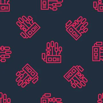 Red line Mechanical robot hand icon isolated seamless pattern on black Illustrazione stock