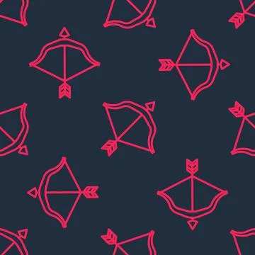 Red line Medieval bow and arrow icon isolated seamless pattern on black Stock Illustration
