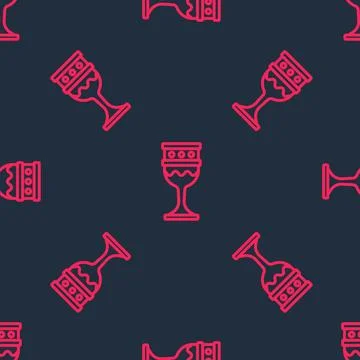 Red line Medieval goblet icon isolated seamless pattern on black background.. Illustrazione stock