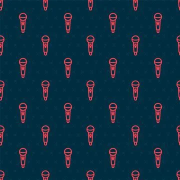 Red line Microphone icon isolated seamless pattern on black background. On air Stock Illustration