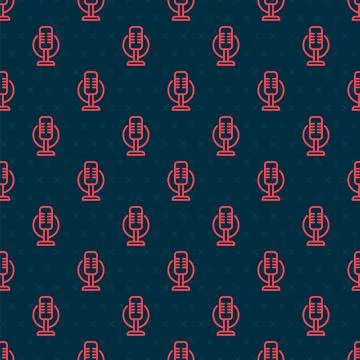 Red line Microphone icon isolated seamless pattern on black background. On air Illustrazione stock