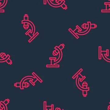 Red line Microscope icon isolated seamless pattern on black background. Chemi Stockillustratie