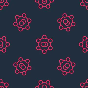 Red line Molecule icon isolated seamless pattern on black background. Structure Stock Illustration