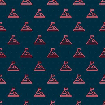 Red line Mountains with flag on top icon isolated seamless pattern on black.. 스톡 일러스트