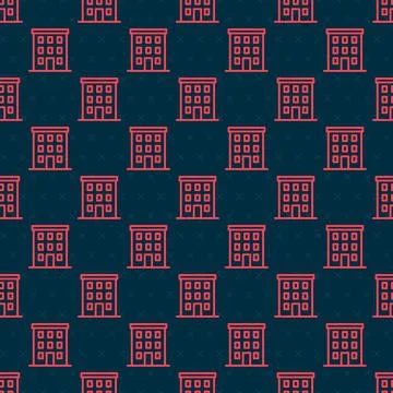 Red line Multi storey building icon isolated seamless pattern on black Stock Illustration