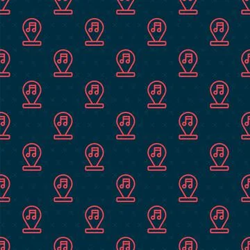 Red line Music note, tone icon isolated seamless pattern on black background. Stock Illustration