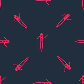 Red line Needle for sewing with thread icon isolated seamless pattern on black Stock Illustration